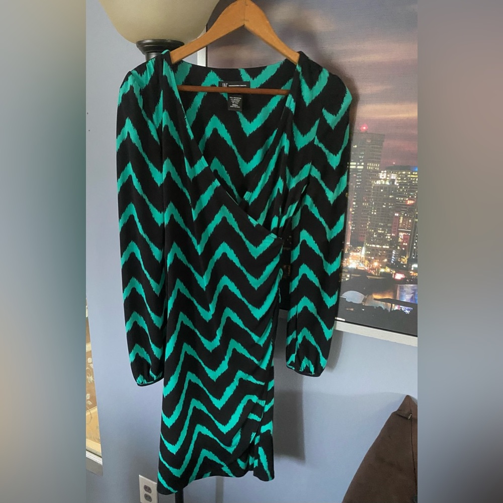 Vintage 90s INC International Wrap Dress Women Small Black Green Stripe Stretch